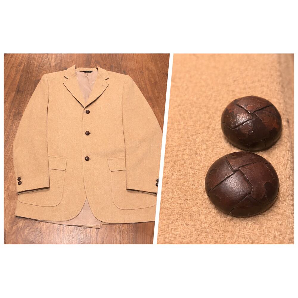 Deansgate Tan Wool Blazer Men's 40R Vintage Sport Coat 3 Button USA Wood Buttons